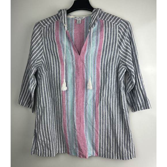 Tommy Bahama Lovely Lanes 3/4 Sleeve Baja Pullover Hoodie Cotton Linen Large - Picture 2 of 11